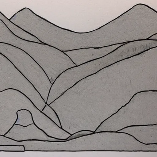 Prompt: Sculpture. a landscape of a mountainous area with a river running through it. There are trees and plants in the foreground, and the mountains are in the background. pale by Steve Ditko stormy