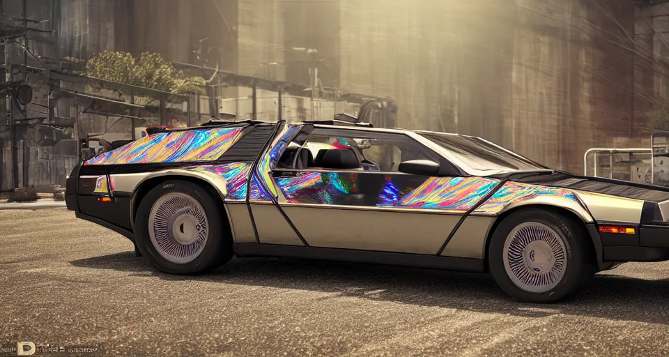 Prompt: Tricked out lowrider delorean, five spike mag wheels, holographic wrap, high detail, photorealism, full length view, very rust, concept art, octane render, 16k, 8k