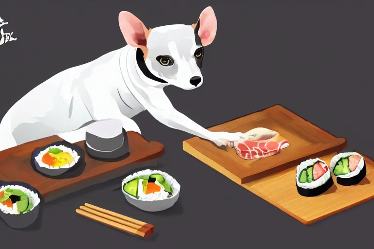 Image similar to a rat terrier dog sushi chef serving two gray cats at a sushi bar digital painting, trending on artstation, 4 k wallpaper