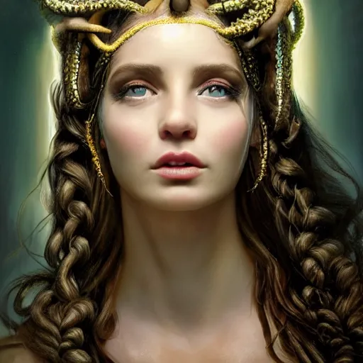 Prompt: Head and shoulders masterpiece portrait of the beautiful goddess Lana Rhoades as Medusa the greek goddess, she is looking straight to the camera, she has a glow coming from her, she is getting illuminated for rays of light, behind is a scary atmosphere, she is posing, the photo was taking by Annie Leibovitz, matte painting, oil painting, naturalism, 4k, 8k