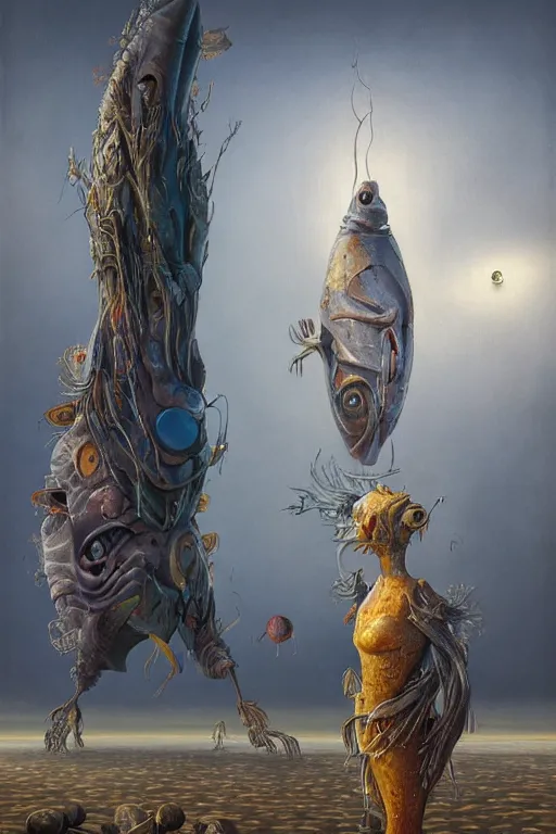 Image similar to a painting of two fish people standing next to each other, a surrealist painting by jarosław jasnikowski, cgsociety, retrofuturism, lovecraftian, cosmic horror, dystopian art