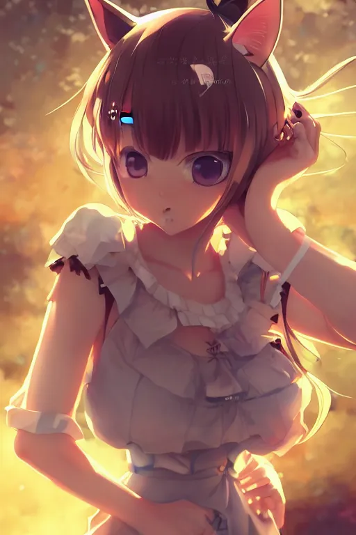 Prompt: nekopara fantastically detailed reflecting eyes modern anime style art cute detailed ears cat girl neko dress portrait shinkai makoto vibrant Studio ghibli kyoto animation hideaki anno Sakimichan Stanley Artgerm Lau Rossdraws James Jean Marc Simonetti elegant highly detailed digital painting artstation pixiv neon