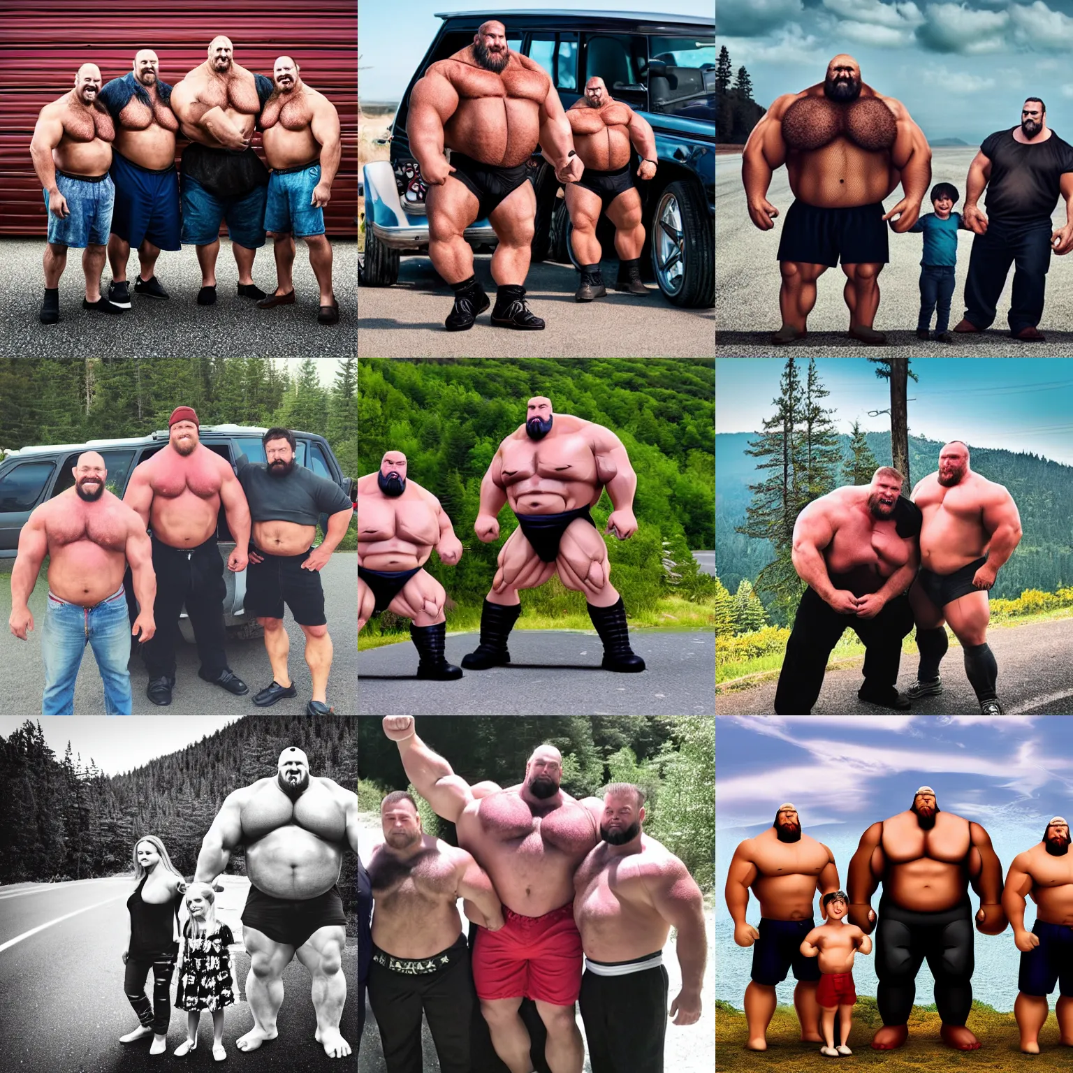 Prompt: family of big burly muscle bear strongmen on a roadtrip, photography