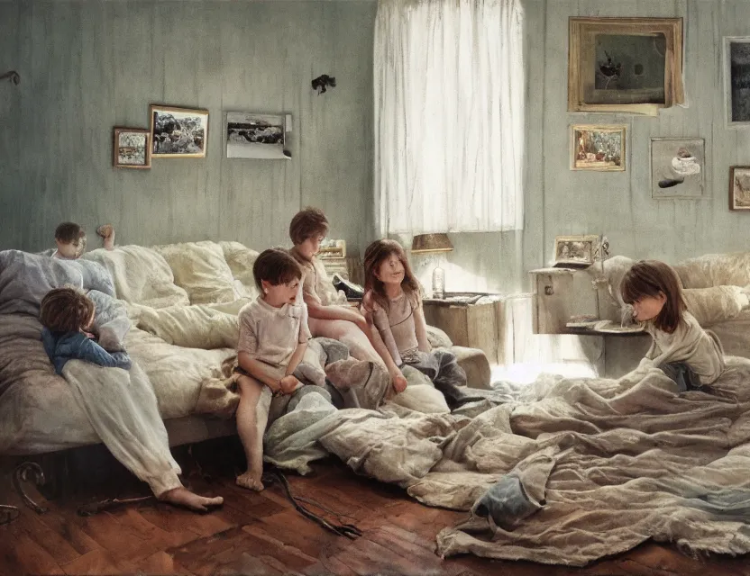 Image similar to kids watching old tv in country house, cottage core, cinematic focus, polaroid photo bleached vintage pastel colors high - key lighting, soft lights, foggy, by steve hanks, by lisa yuskavage, by serov valentin, by tarkovsky, 8 k render, detailed, oil on canvas