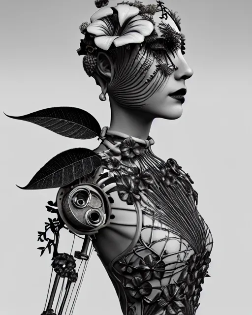 Image similar to monochrome 3 d model, 1 9 3 0 picture, floral steampunk biomechanical beautiful young female cyborg with porcelain profile face and a techno eye, volumetric light, leaves foliage and stems, hibiscus flowers, boho vines, sinuous fine roots, fine foliage lace, alexander mcqueen, rim light, big gothic fashion pearl embroidered collar, octane render, 8 k