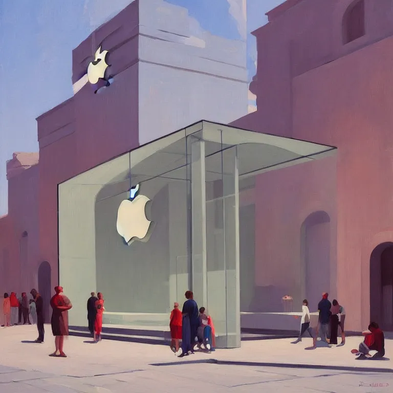 Prompt: apple store opening in ancient Greece, painted by Edward Hopper, painted by James Gilleard, airbrush
