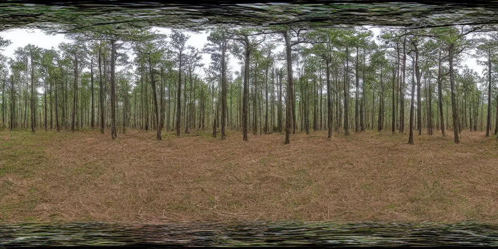 Prompt: high quality 360° image in equirectangular projection of a pine forest swamp with straw hut, overcast day