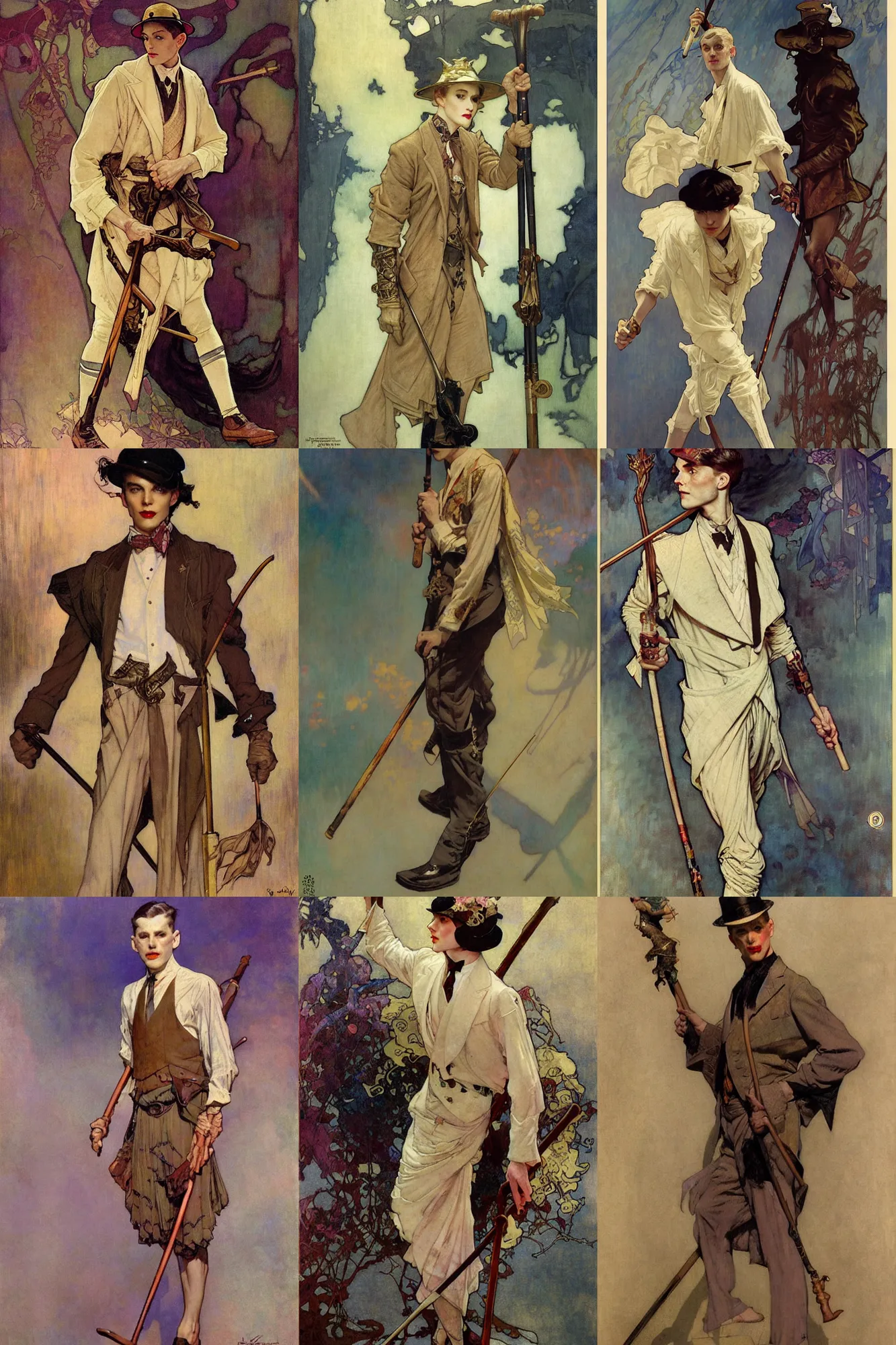 Prompt: young male with walking stick, 1 9 2 0 s fashion, fantasy, art by joseph leyendecker, dean cornwell, ruan jia, ayami kojima, alphonse mucha, cedric peyravernay, tom bagshaw, victo ngai