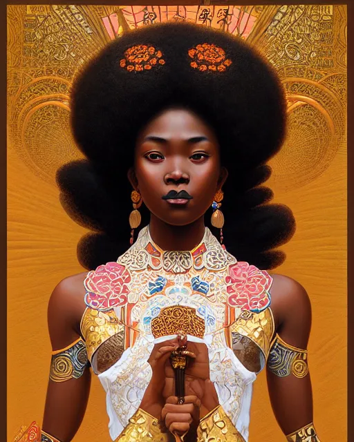 Image similar to portrait of a afro goddess, machine face, upper body, decorated with chinese opera motifs, asian, traditional chinese art, intricate, elegant, highly detailed, digital painting, artstation, concept art, smooth, sharp focus, illustration, art by artgerm and greg rutkowski and alphonse mucha, 8 k