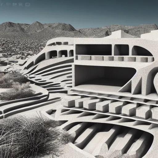 Image similar to hyper detailed ultra sharp rendering of brutalism conceptual building in the desert, biophilia mood, pool, garden, highly detailed, cinematic, photorealistic,