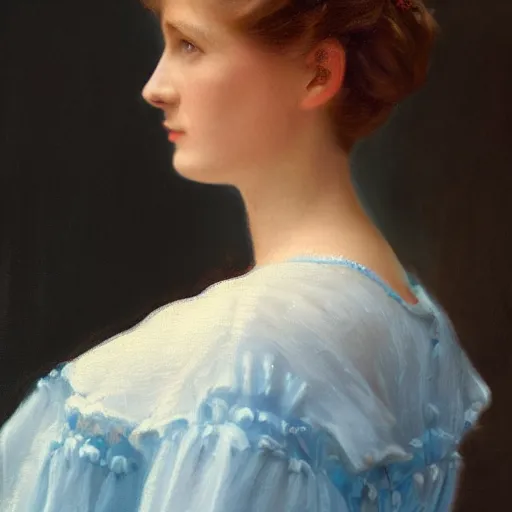 Image similar to portrait painting of a lady in a light blue dress 1 9 0 0 s entire face shown in great detail, looking at the camera, blonde hair, garden, photorealistic, extreme detail, sharp focus, 8 k, intricate, hyper detailed, realistic, cinematic lighting