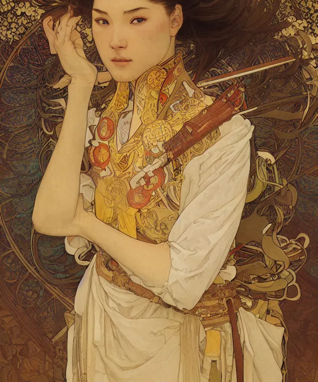 Image similar to realistic hyper detailed portrait of a samurai warrior by Alphonse Mucha and Charlie Bowater and art germ, rule of thirds, golden ratio, portrait style with the subject in the middle of the frame