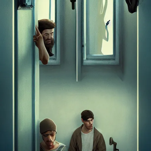 Prompt: poster for a short liminal film called'liminal'about four male roommates that find a tiny hidden door. movie poster, advertisement, renaissance painting, sharp, high detail, trending on artstation, cinematic