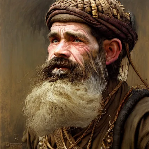 Prompt: highly detailed portrait of a poor town peasant in the form of a beautiful male dwarf with beard. d & d. art by donato giancola, eugene delacroix, ruan jia, carl larsson, peter mohrbacher. trending on artstation, intricate details, energetic composition, fantasy, concept art, illustration, elegant art, global illuminaition