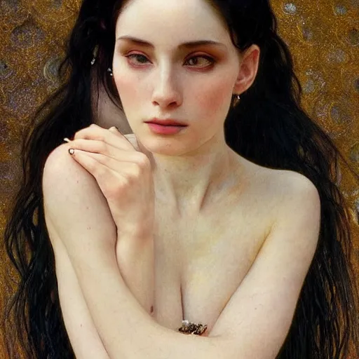 Image similar to Portrait of a beautiful, pale skin, female with long black hair, dark brown narrow-set eyes, faint smile, elegant clothing, photorealistic, highly detailed, artstation, smooth, sharp focus, art by Klimt, artgerm, Greg Rutkowski and Alphonse Mucha, natural light, Adobe Lightroom, photolab, Affinity Photo, PhotoDirector 365, artstation