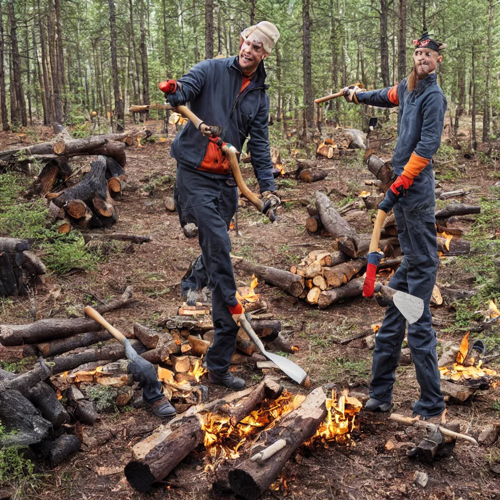 Image similar to disney's goofy cutting and splitting firewood with tomahawk in finnish forest