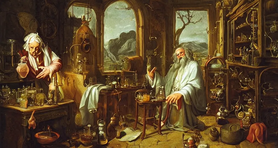 Image similar to An alchemist in his lab summoning an undine to enchant his potion, baroque