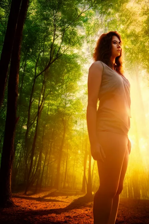 Image similar to hyperrealistic mithra as a woman standing in a forest sun behind him concept art eric zener elson peter cinematic side soft yellow light low angle hd 8k sharp shallow depth of field