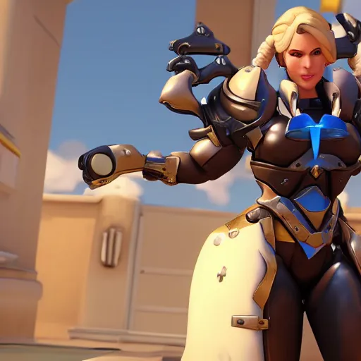 Image similar to a screenshot of arnold schwarzenegger as mercy in overwatch, full body shot