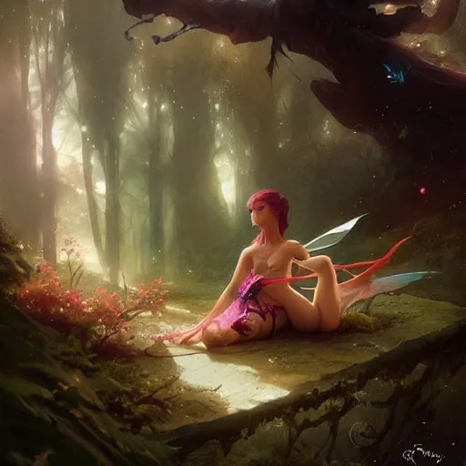 Image similar to a tired fairy rests on a log, detailed matte fantasy painting, cinematic lighting, deviantart artstation, by greg rutkowski, by peter mohrbacher, by lisa frank, by ferdinand knab