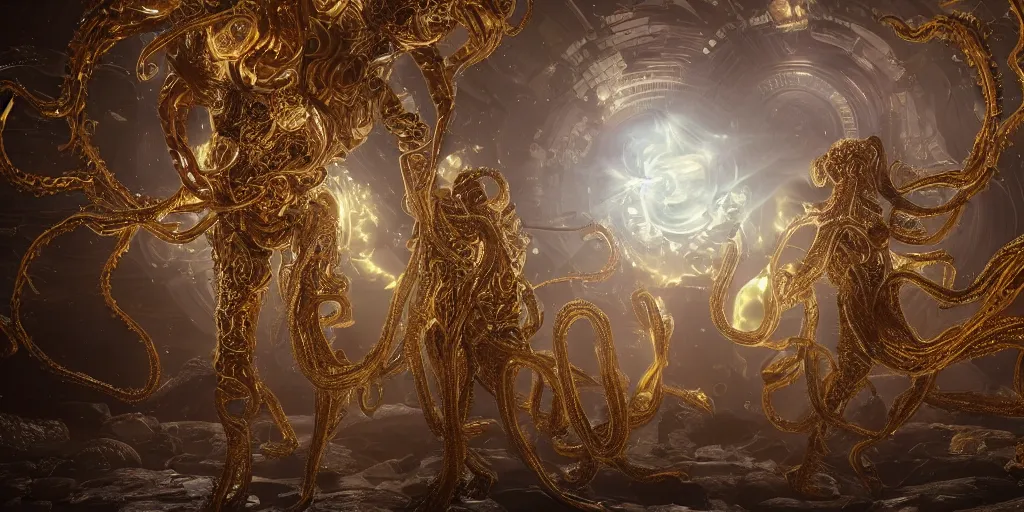 Prompt: a photo of 8k ultra realistic corrupted lovecraftian golden humanoid queen standing next to a spaceship window overlooking earth, 8 intricate white and gold tentacles, ornate white and gold armour, cinematic lighting, trending on artstation, 4k, hyperrealistic, focused, high details, unreal engine 5, cinematic, masterpiece