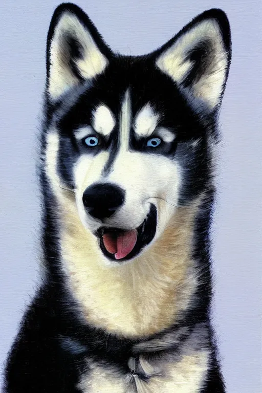 Prompt: a character design of a husky wearing a white vest, portrait painting