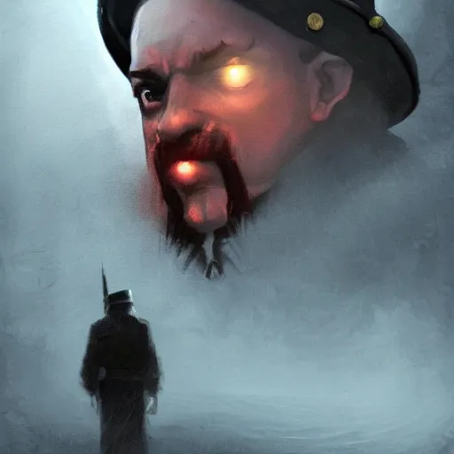 Image similar to gloomy scary soviet policeman, fog, darkness, evil, magic the gathering artwork, D&D, fantasy, cinematic lighting, centered, symmetrical, highly detailed, digital painting, artstation, concept art, smooth, sharp focus, illustration, volumetric lighting, epic Composition, 8k, art by Akihiko Yoshida and Greg Rutkowski and Craig Mullins, oil painting, cgsociety