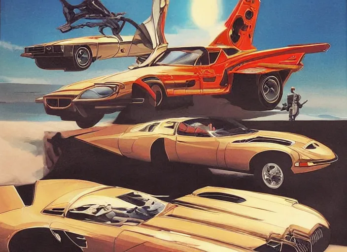 Prompt: ( ( ( ( ( 1 9 8 2 pontiac trans am, jaguar e - type, car concept art, sci - fi illustration, painting, star wars, the rocketeer ) ) ) ) ) by vincent di fate and john berkey and star wars and the rocketeer!!!!!!!