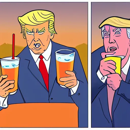 Image similar to cartoon drawing of Biden and Trump together drinking a lemon drink with Rio de Janeiro mountains on the background