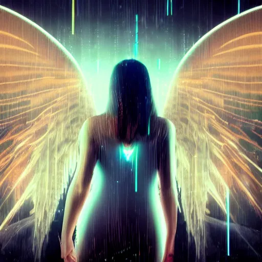 Prompt: realistic clean photo of a futuristic white woman arc - angel with mystic robotic wings, blade runner, 2 0 7 7 city, glowing particles, pastel rain