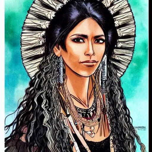 Image similar to beautiful illustration of a mexican woman of 4 0 years old, with curly black and silver hair, the woman has beautiful black eyes, her skin is light brown, she is dressed in shaman clothes, in the style of noriyoshi ohrai