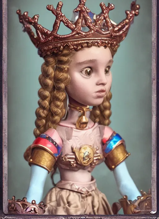 Prompt: closeup face profile portrait of tin toy joan of arc as a fairytale princess wearing a crown eating cakes, bikini, depth of field, zeiss lens, detailed, symmetrical, centered, fashion photoshoot, by nicoletta ceccoli, mark ryden, lostfish, breathtaking, 8 k resolution, extremely detailed, beautiful, establishing shot, artistic, hyperrealistic, octane render