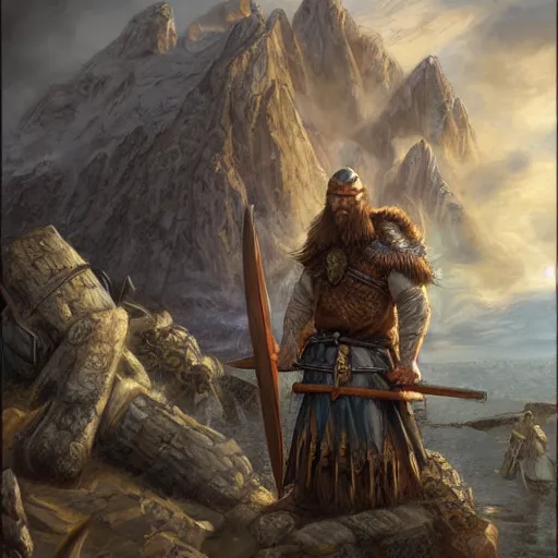 Prompt: Beautiful Viking setting artistic masterpiece in the style of jesper fjsing, mathias kollros, and donato giancola, 8k resolution detailed painting digital illustration filmic