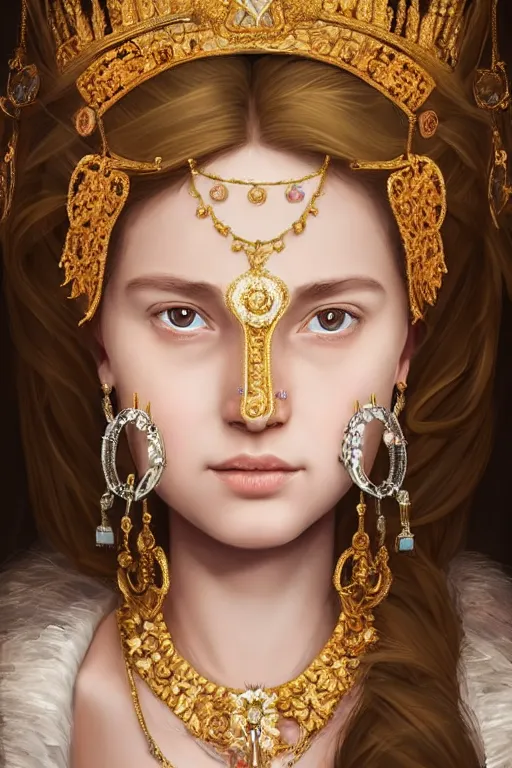 Prompt: beautiful very detailed portrait of a young princess with lots of jewelry in the face, full body, in the background there is a minimalistic palace, digital art , dramatic cinematic lighting rendered by octane, 8k, detailed, intricate, clean and textures, trending on artstation, treanding on deviantart, trending on cgsociety, pinterest, by Lauren Brevner