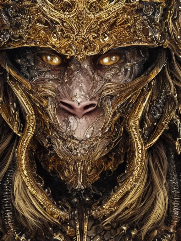 Image similar to portrait art of 8k ultra realistic werewolf,intricate gold crown, detailed intricate ornate armour,decaying, cybernetic, full of colour, cinematic lighting, battered, trending on artstation, 4k, hyperrealistic, focused, extreme details,unreal engine 5, cinematic, masterpiece, art by ayami kojima, giger