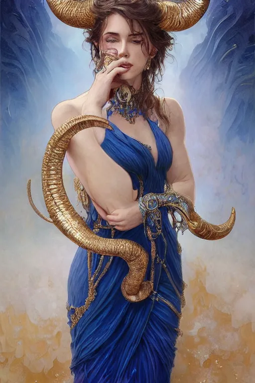 Image similar to a beautiful woman with deep blue, sparkly skin, big ram horns, flowing dress, gold jewellery, dnd, face, fantasy, intricate, elegant, highly detailed, digital painting, artstation, concept art, smooth, sharp focus, illustration, art by artgerm and greg rutkowski and alphonse mucha