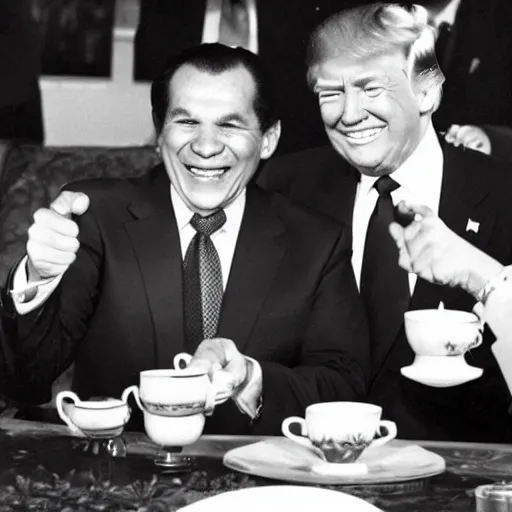 Image similar to donald trump drinking chinese tea with richard nixon, fist - bumping, happy, smiling laughing