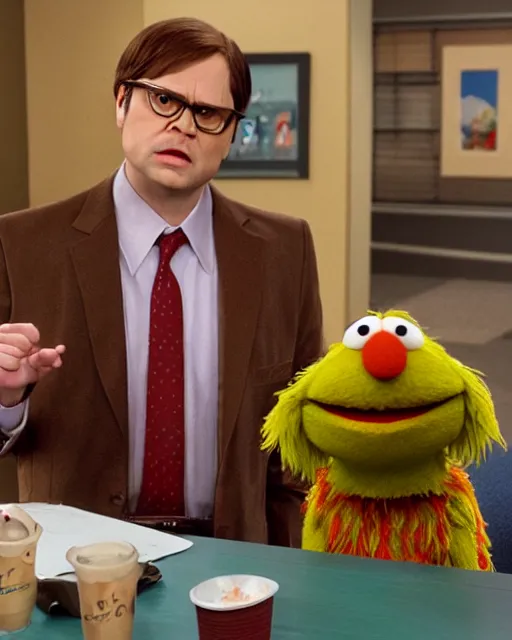 Image similar to film still from the office, dwight schrute as a mumpet!!. highly detailed felt. hyper real photo, octane, sesame street, jim henson, 4 k.