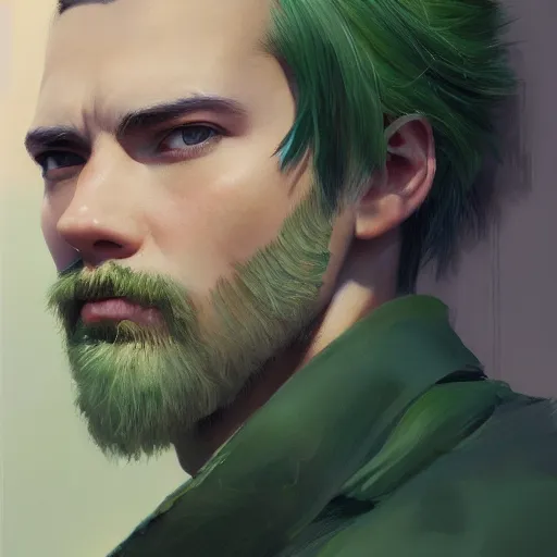 Image similar to A ultra-detailed beautiful portrait painting of a man with medium-length green hair and stubble, Oil painting, by Ilya Kuvshinov, Greg Rutkowski and Makoto Shinkai