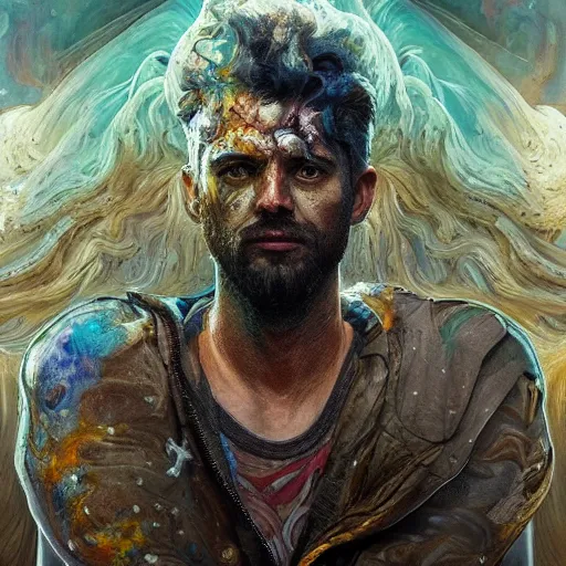 Image similar to portrait of zeus starring into the camera, fixed eyes, lightning environment, melted paint, melting, surreal, dramatic lighting, face, detailed, intricate, elegant, highly detailed, digital painting, artstation,, concept art, smooth, sharp focus, illustration, art by sam spratt, dan mumford, artem demura and alphonse mucha