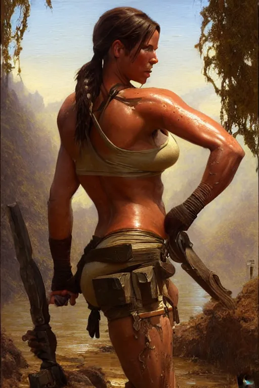 Image similar to muscular sweat lara croft, standing on river, covers with mud exhausted face close up, highly detailed painting by gaston bussiere, craig mullins, j. c. leyendecker 8 k