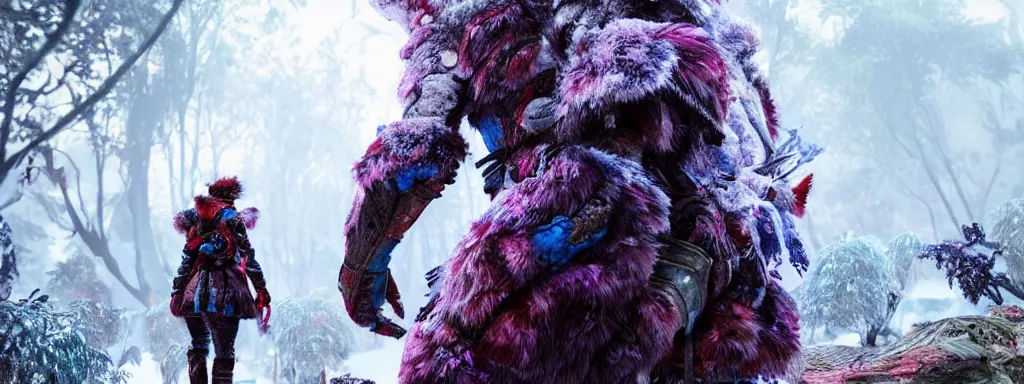 Image similar to explorer woman walking in animal fur armour, walking in a dense alien snow covered frosty jungle, with snow covered colourful red, blue and purple plants, large vines, snow covered arched organic rock structures, in the style of monster hunter world, like concept art on artstation, hyperdetailed, vray render, octane render,