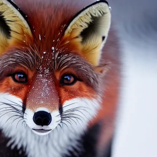 Prompt: Up close Photorealistic photograph of a cute fox in snow, photorealism, photorealistic, realism, real, highly detailed, ultra detailed, detailed, shutter speed 1/1000, Canon EOS 90D, up-close, Wildlife Photographer of the Year, Pulitzer Prize for Photography, 8k