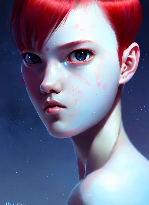 Prompt: portrait of alien girl kawaii, red short hair, jock, beefy, wide face, square jaw, square facial structure, intricate, elegant, glowing lights, highly detailed, digital painting, artstation, concept art, sharp focus, illustration, art by wlop, mars ravelo and greg rutkowski