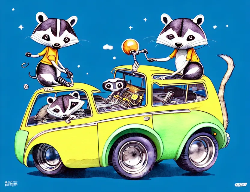 Image similar to cute and funny, racoon riding in a tiny hot rod with oversized engine, ratfink style by ed roth, centered award winning watercolor pen illustration, isometric illustration by chihiro iwasaki, edited by range murata, tiny details by artgerm and watercolor girl, symmetrically isometrically centered