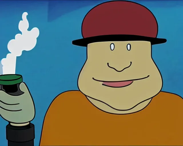 Prompt: a still from the show Sealab 2021 of a cool toad wearing a black cap and smoking a cigarette, HQ