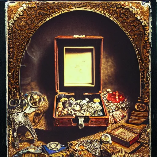 Image similar to epic daguerreotype of an ancient dark byzantine cave interior, ornate oil lamp on a pile of crystals, books covered in jewels, ornate, surrounded by strange crystals and treasure, full of sand and glitter, Indiana Jones, cinematic, jewels, 35mm lens