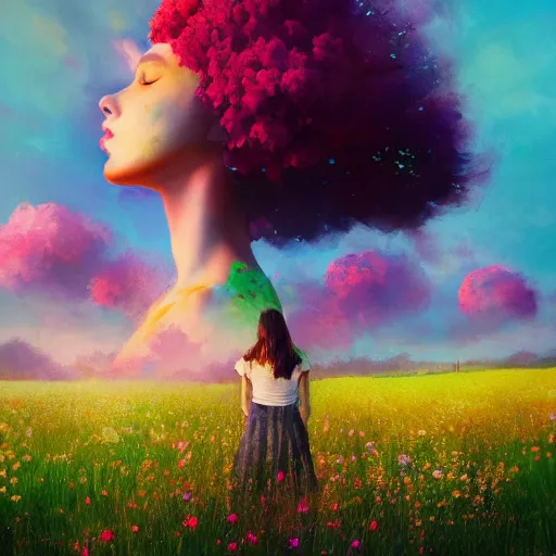 Image similar to girl with an blooming flower for a face, surreal photography, dream, standing in flower field, magical, in a valley, sunrise dramatic light, impressionist painting, colorful clouds, artstation, simon stalenhag, exploding flower face