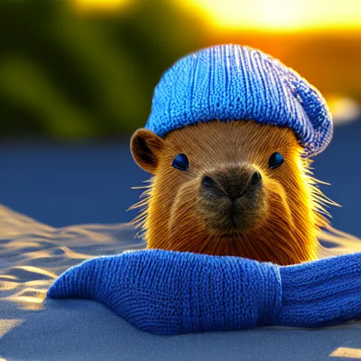 Prompt: a photorealistic photograph of a knitted cute Capybara wearing sunglasses and dressed in a blue beanie cap. The subject is drinking a refreshing Mojito drink at the beach during sunset. The image is Trending on Artstation, featured on Behance, well-rendered, fine detail, extra crisp image, Unreal Engine, 4K HD