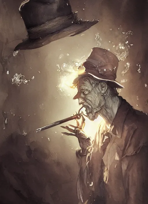 Image similar to portrait, the sadhatter, smoking a magical bong, watercolor, dramatic lighting, cinematic, establishing shot, extremely high detail, foto realistic, cinematic lighting, pen and ink, intricate line drawings, by Yoshitaka Amano, Ruan Jia, Kentaro Miura, Artgerm, post processed, concept art, artstation, matte painting, style by eddie mendoza, raphael lacoste, alex ross